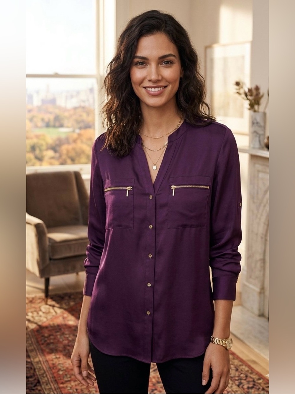 Calvin Klein Purple Button-Front Blouse with Zip Pockets EUC Size XL